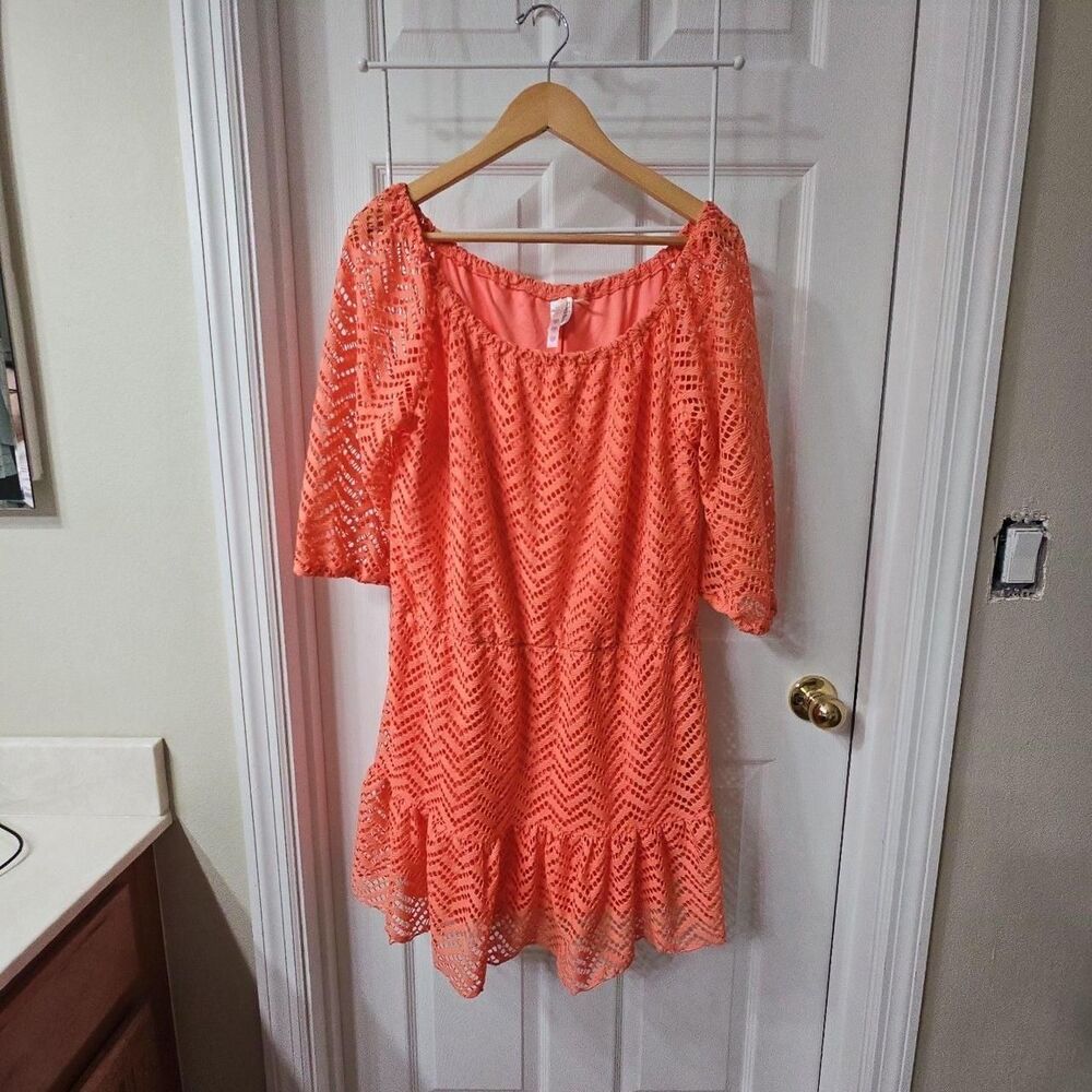 True Self Women's Coral Chevron Lace Off-The-Shoulder Ruffle Hem Mini Dress